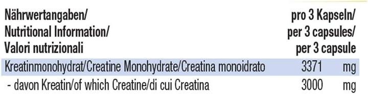 Nährwerte und Zutaten Weider Creatine (100 Stück, Kapseln, 100 g)