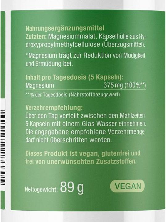 Nährwerte und Zutaten Effective Nature Magnesium Malat (150 Stück, Kapseln, 100 g)