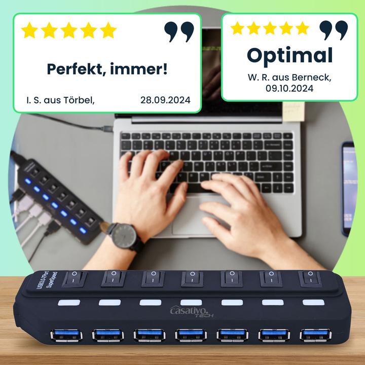 Produktbild Casativo Aktiver USB 3.0 Hub für bis zu 7 Geräte, USB A, einzeln schaltbar (USB-A, 7 Ports)