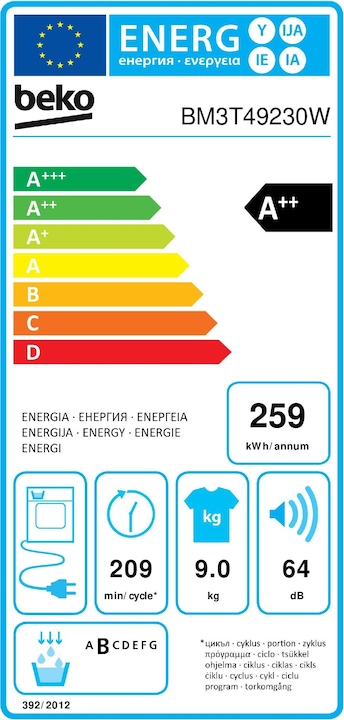 Etichetta energetica Beko BM3T40230W (9 kg, A destra)