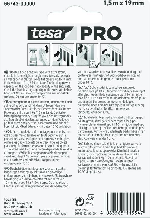 Produktbild tesa PRO Mounting Montageband für Tapete & Putz, doppelseitig, selbstklebend (19 mm)