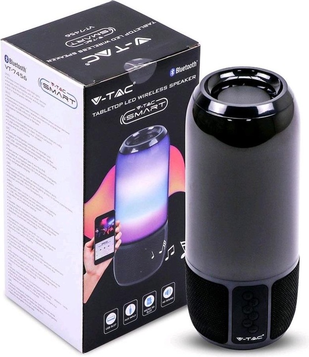 Actual product image V-TAC 6W Bluetooth speaker with LED lights, black, USB and TF slot, DC: 5V (3 h, Battery operated)