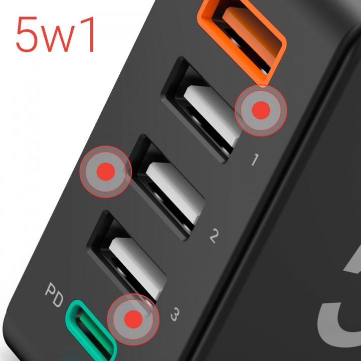 Actual product image Hama Quick charger 5 ports, 1x QC 3.0, 3x USB-A, 1x USB-C PD, 51 W, Black (51 W)