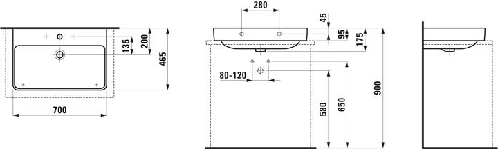 Produktbild Laufen Aufsatzwaschtisch PRO S 700x465mm m ÜL 3 HL-Ausf. weiss (465 mm, 700 mm)