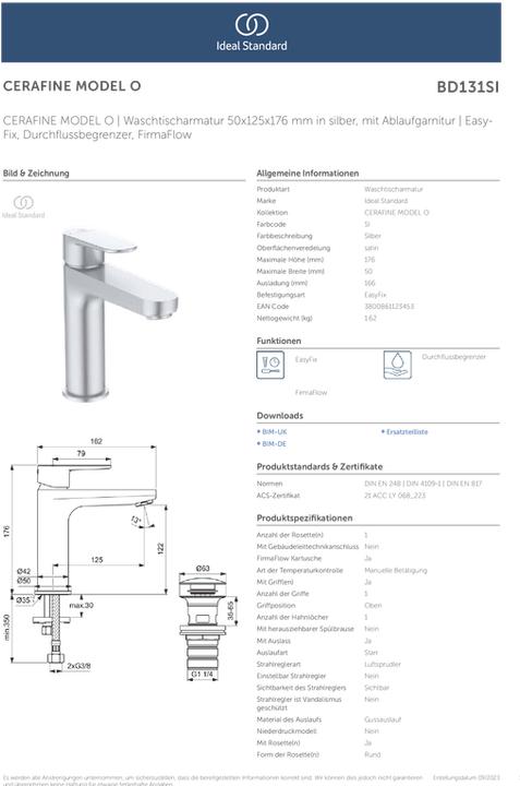 Actual product image Ideal Standard Cerafine O H120 basin mixer with push-open 125 mm projection