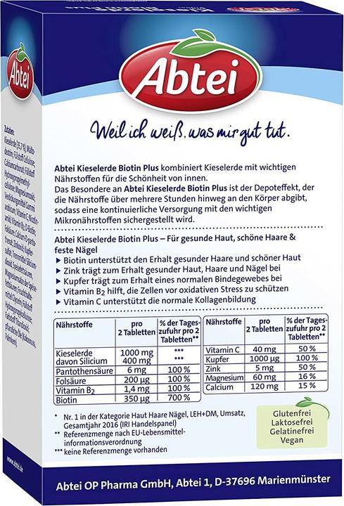 Valori nutrizionali e ingredienti Abtei Terra Silicea Biotina Plus Compressa (56 pz., Pillole, 78 g)