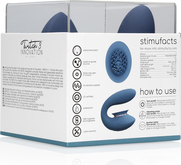 Image du produit Innovation Twitch 3 - Vibromasseur et Aspiration Rechargeables - Silicone - 10 Speed - Bleu/Gris