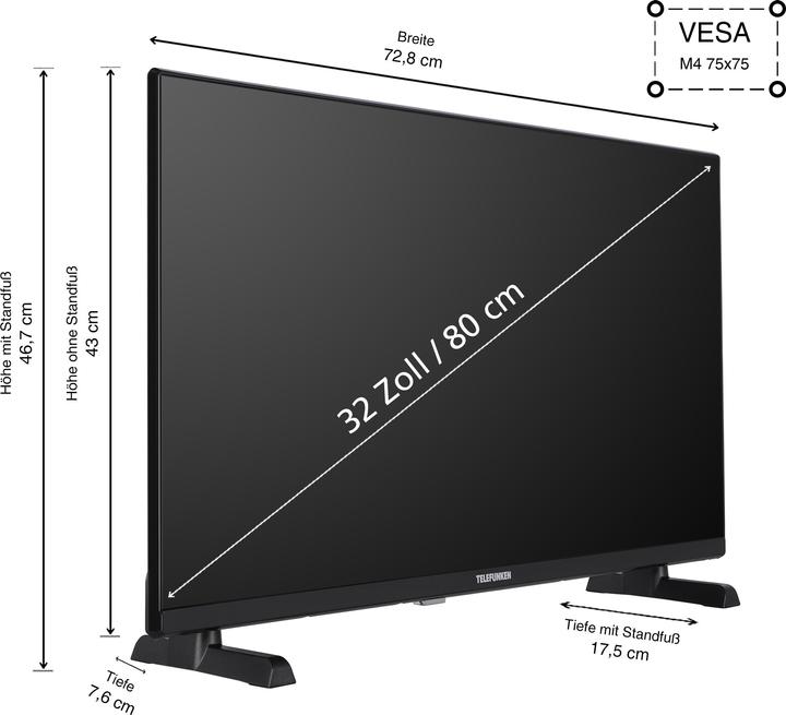 Produktbild Telefunken XH32TO750S (80 cm (32 Zoll), schwarz, WXGA, Triple Tuner, SmartTV, TiVo Betriebssystem) (32", LED, HD)