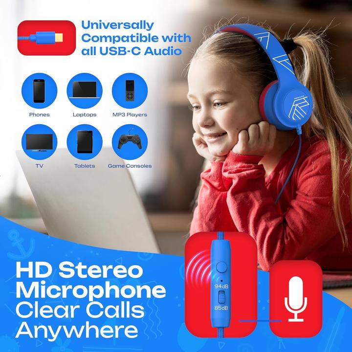 Produktbild PowerLocus PLED Kinderkopfhörer USB-C-Kabelgebunden blue/red