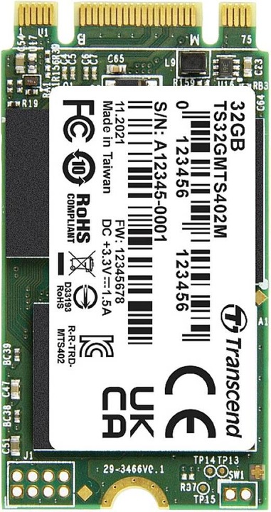 Actual product image Transcend MTS402M 32 GB Internal M.2 PCIe NVMe SSD 2242 SATA III Retail (TS32GMTS402M) (32 GB, M.2 2242)