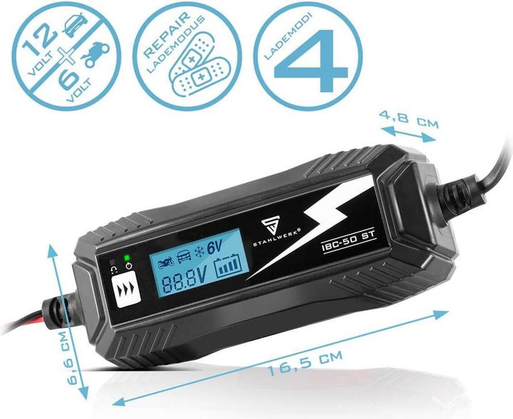 Image du produit Stahlwerk Batterieladegerät IBC-50 ST mit Mikroprozessor und 4 Lademodi (12V, 6V, 5 A)