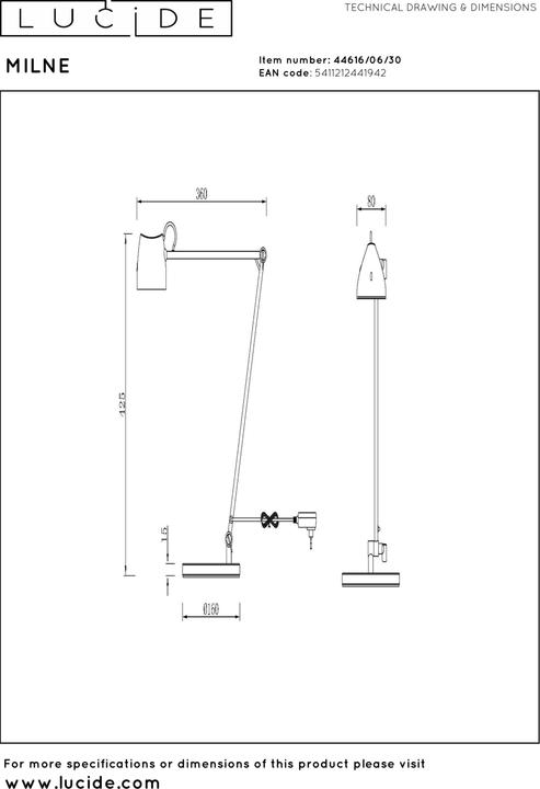 Actual product image Lucide MILNE LED Stehlampe Mit Leselampe 8W dimmbar Warmweiss Modern Schwarz 44616/06/30 (250 lm)