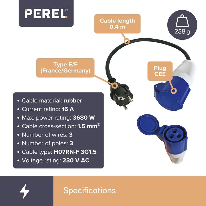 Produktbild Velleman Kabel - Schuko-Stecker Auf Cee-Kupplung (0.40 m, CEE)