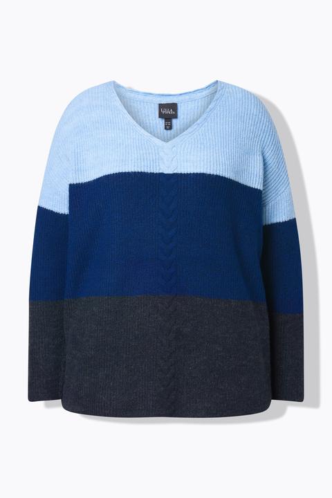 Produktbild Ulla Popken Pullover, Streifen, Zopfmuster, V-Ausschnitt, Langarm (62)