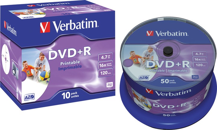 Produktbild Verbatim DVD+R, 16x, 4.7GB, 50er Spindel, bedruckbar (50 x)