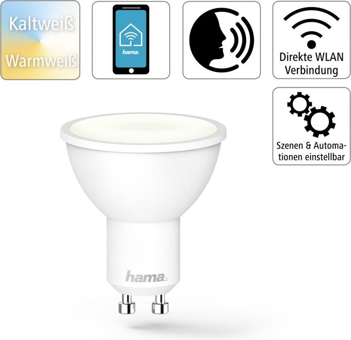 Image du produit Hama Lampe LED WLAN, GU10, 5,5 W, sans hub, pour commande vocale/par application, blanc (GU10, 400 lm, 1x)