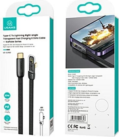 Actual product image Usams Cable kątowy USB-C na Lightning PD 20W Fast Charging Iceflake Series 2m czarny/black SJ586USB0 (2 m, USB 2.0)