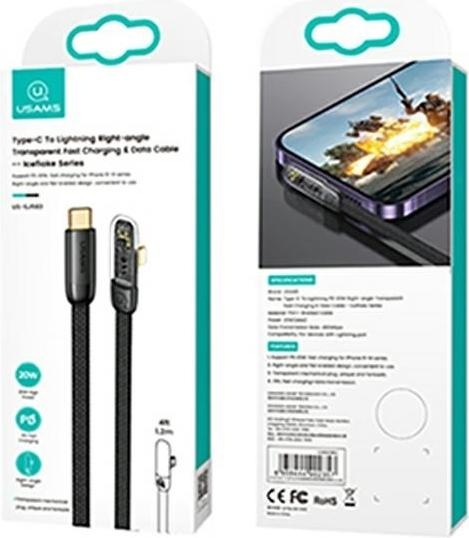 Produktbild Usams Kabel kątowy USB-C na Lightning PD 20W Fast Charging Iceflake Series 2m czarny/black SJ586USB0 (2 m, USB 2.0)
