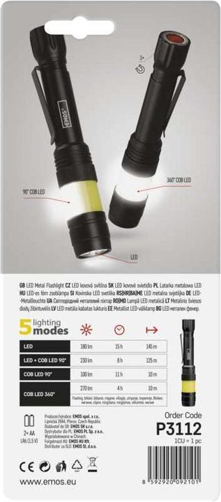 Produktbild Emos COB LED Metall-Taschenlampe, 360°, 270 lm, 2× AA (17.10 cm, 270 lm)