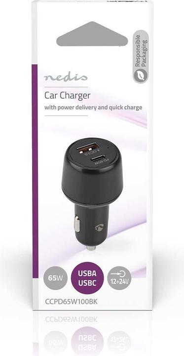 Actual product image Nedis Car charger 65 W 2.0 3.0 3.25 A - Number of outputs: 2, Port type: USB-A / USB-C™, Automa