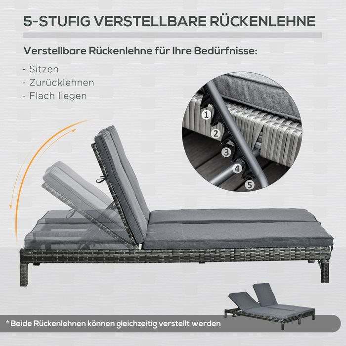 Immagine prodotto Swisshandel24 Lettino da giardino doppio in polyrattan per 2 persone con schienale a 5 livelli in metallo PE (196 cm)