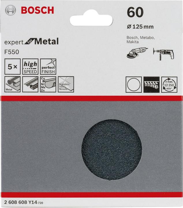 Produktbild Bosch Professional Zubehör Schleifblatt F550, Expert for Metal, 125 mm, 60, ungelocht, Klett, 5er-Pack (60)