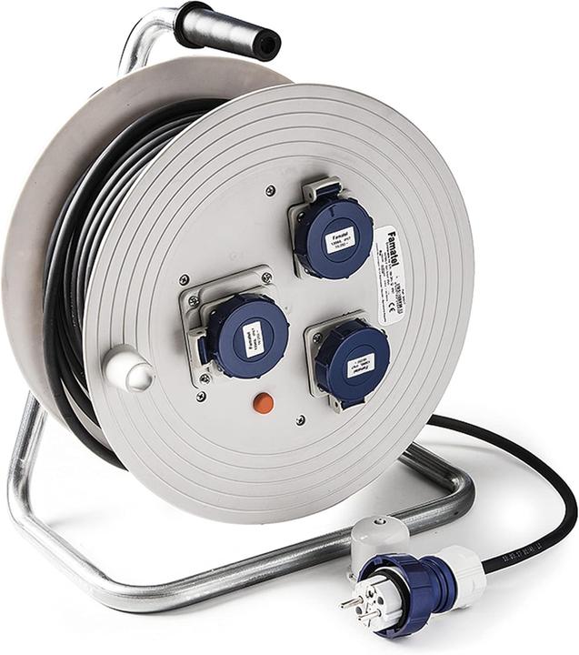 Famatel Industrielle Kabelhaspel mit 3 IP67-Steckdosen, 25 m, 16 A, 250 V, Sicherheitsschalter (25 m, 1.50 mm²)