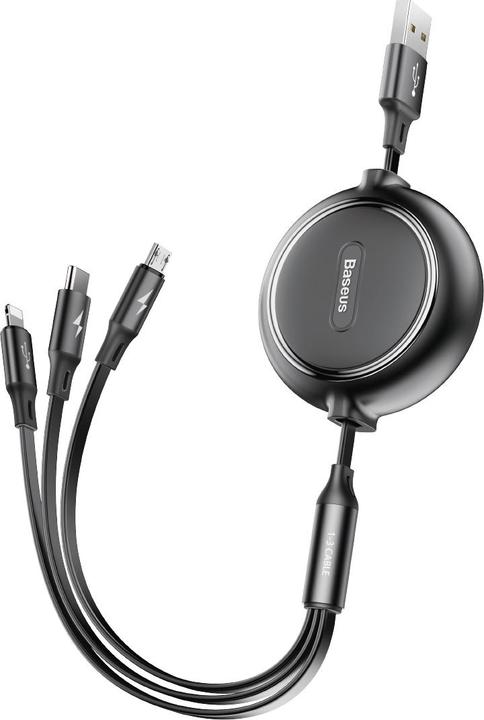 Baseus Golden Loop Drie-in-één Elastische Datakabel USB voor M+L+T 3,5A 1,2m Zwart (1.20 m, USB 3.2 Gen 1)