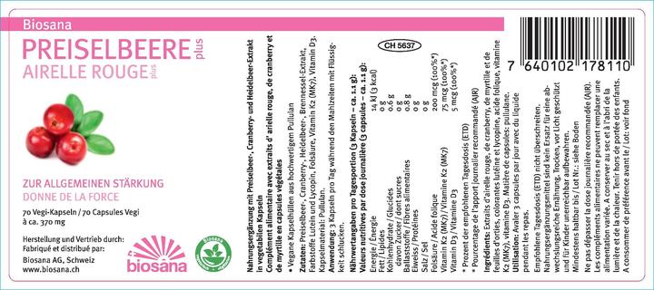 Nährwerte und Zutaten Biosana Preiselbeere plus 370mg (70 Stück, Kapseln, 46 g)