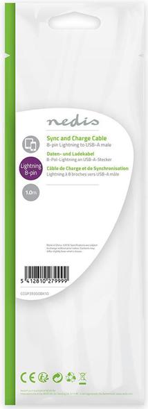 Actual product image Nedis USB cable USB 2.0 Apple Lightning 8-pin USB-A male 480 Mbps 12 W Nickel-plated round PVC Box 1. (1 m, USB 2.0, 12 W)