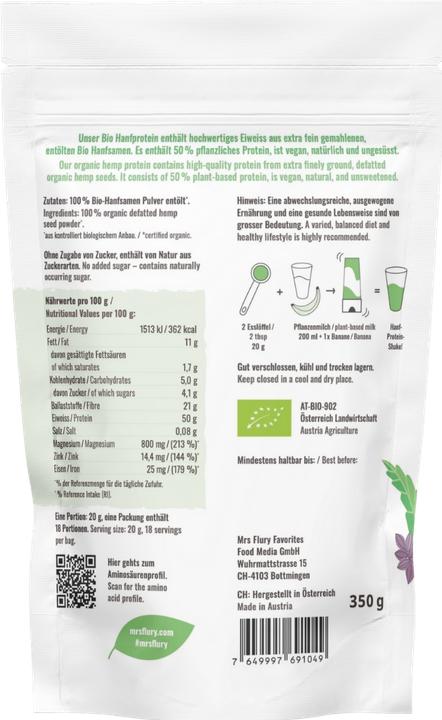 Nutritional values and ingredients Mrs Flury Bio Hanf Protein
