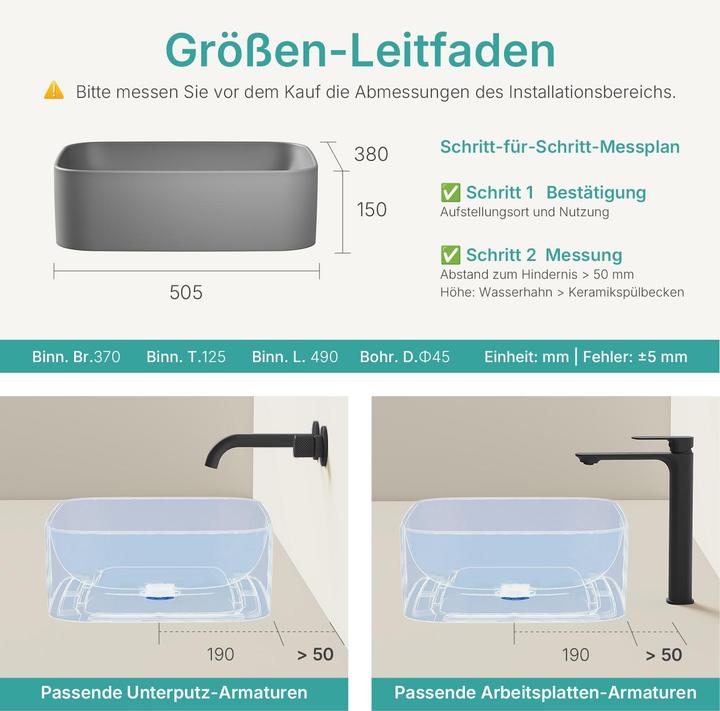 Produktbild Emke Aufsatzwaschbecken, 505 x 380 x 150 mm, Keramik, Rechteck, Abgerundete Ecken R, Matt dunkelgrau (150 mm, 505 mm)