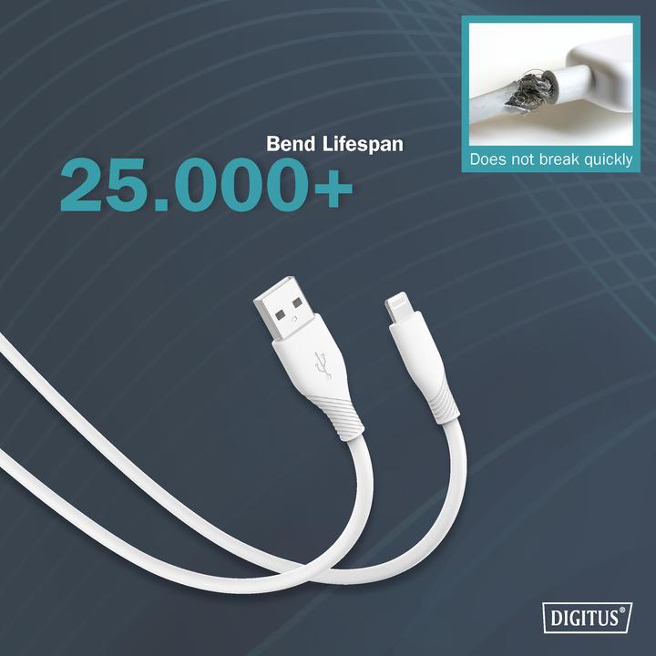 Actual product image Digitus Lightning silicone connection cable, USB-A - Lightning 1m, white (1 m, USB 2.0, 12 W)
