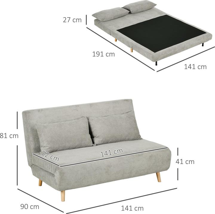 Produktbild Homcom Schlafsofa Polyester, Buchenholz Grau (2-Sitzer)