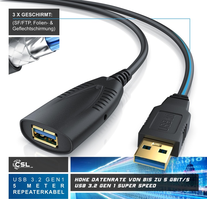 Produktbild CSL USB 3.0 Verlängerungskabel - Verstärker - Repeaterkabel - Repeater Kabel mit Signalverstärkung (5 m, USB 3.0)