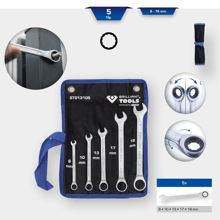 Actual product image KS Tools 8 - 19 mm ratchet ring spanner set 5 pieces (19 mm, 8 mm, 17 mm, 13 mm, 10 mm)