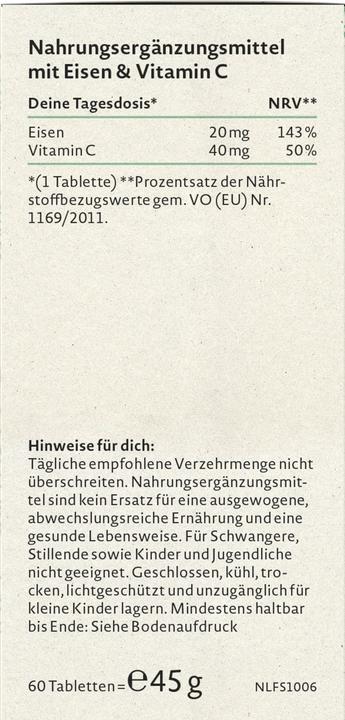 Nährwerte und Zutaten Nature Love Eisen & Vitamin C (60 Stück, 45 g)