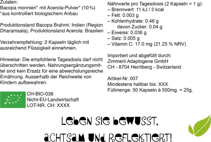 Produktbild Zimmerli Adaptogene Bacopa Brahmi Kapseln (BIO) 50 Kapseln (1 Stück, Kapseln, 25 g)