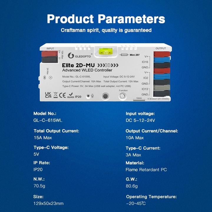 Image du produit Gledopto ESP32 Advanced WLED Controller 15A 5-24V GL-C-615WL