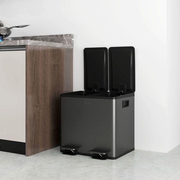 Produktbild Swisshandel24 2 x 15 L Doppelmülleimer, Pedalöffnung, leicht zu reinigen, Edelstahl, Kunststoff, Schwarz (30 l)