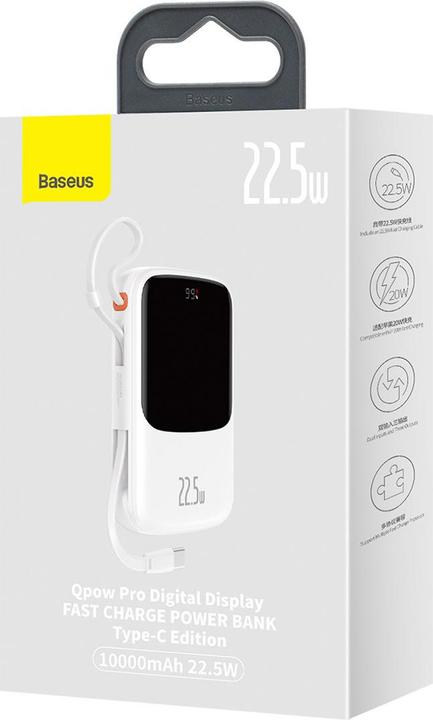 Actual product image Baseus Powerbank Qpow Pro with USB-C cable, USB-C, USB, 10000mAh, 22.5W (white) (10000 mAh, 22.50 W, 37 Wh)