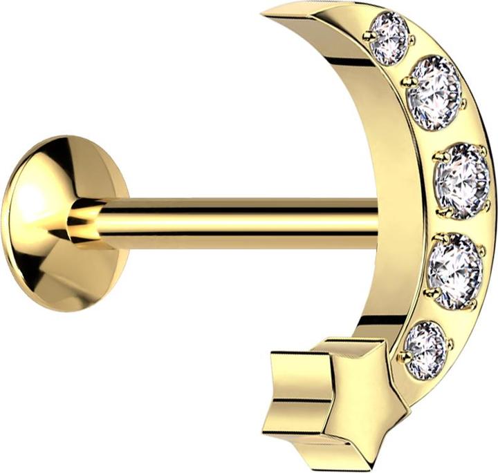 Immagine prodotto Star Piercing Micro Threadless UFO Labret vergoldet Mond mit Stern vergoldet Kristalle silber (senza ottone, Acciaio chirurgico 316L)