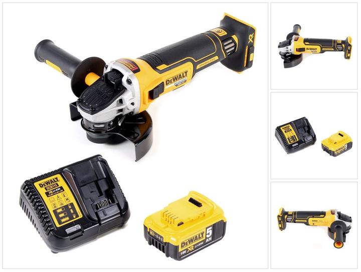 1x DeWalt DCG405 N cordless angle grinder, 1x DeWalt DCB184 5.0 Ah Li-Ion battery, 1x DeWalt DCB113 charger, 1x additional handle, 1x quick-release nut, 1x protective cover