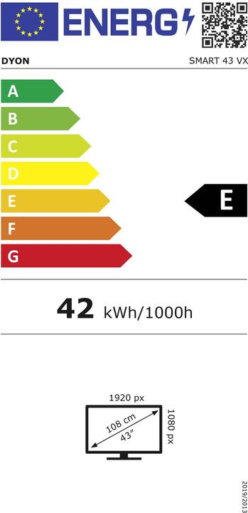 Etichetta energetica Dyon SMART 43 VX TV LED 108cm 43 pollici EEK E (A - G) DVB-S2, DVB-C, DVB-T2, CI+, Full HD, Smart TV (43", LED, Full HD)