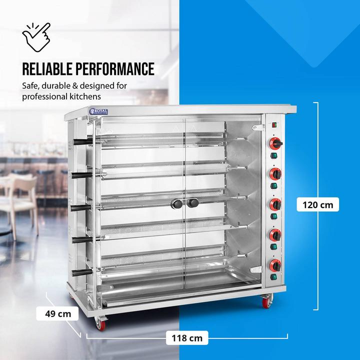 Produktbild Royal Catering Gas-Hähnchengrill 5 Spiesse mit Beleuchtung und Rädern 5 x 5 kW Edelstahl