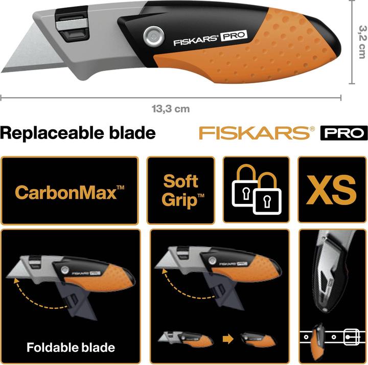 Actual product image Fiskars Pro Compact Universal Folding Knife, length 12 cm, stainless steel/plastic, black/orange (Cutters)