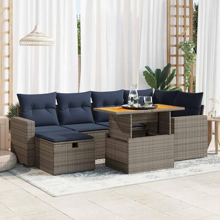 Produktbild vidaXL 7-tlg. Garten-Sofagarnitur mit Kissen Schwarz Poly Rattan