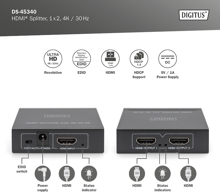 Produktbild Digitus HDMI Splitter, 1x2, 4K / 30 Hz