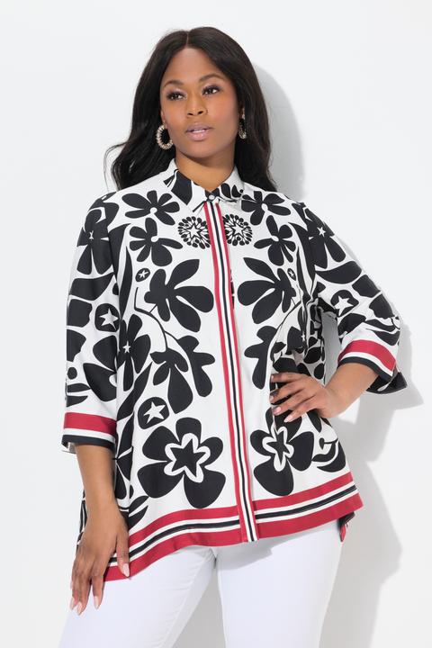 Produktbild Ulla Popken Satinbluse, Blüten-Design, Zipfelsaum, 3/4-Arm (58)