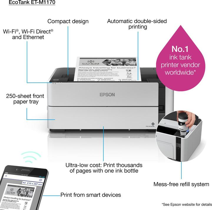 Produktbild Epson EcoTank M1170 - 1200 x 2400 DPI - 1 - A4 - 39 Seiten pro Minute - Doppeltdruck - (Tintentank, Schwarz-Weiss)